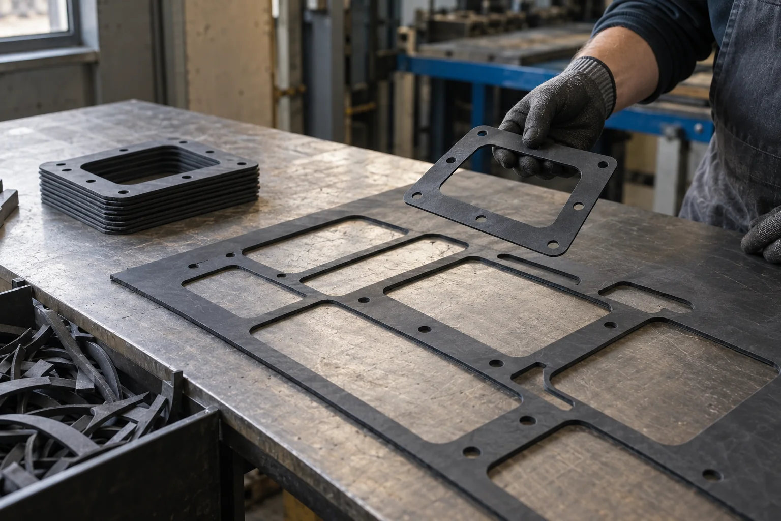Flat die-cut gaskets and remaining sheet material on a workbench