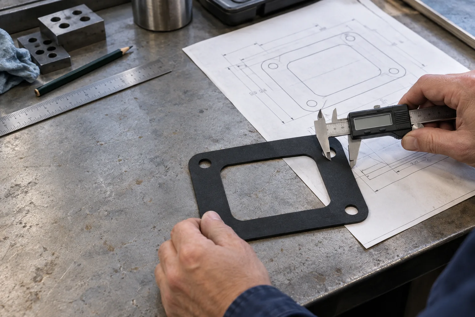 Flat gasket, drawing and caliper on an engineering workbench